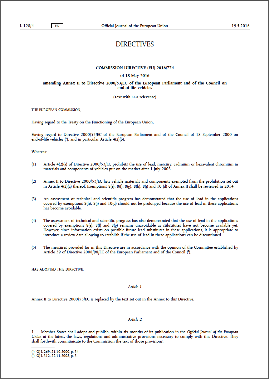 Commission Directive Eu 16 774 Of 18 May 16 Amending Annex Ii To Directive 00 53 Ec Of The European Parliament And Of The Council On End Of Life Vehicles